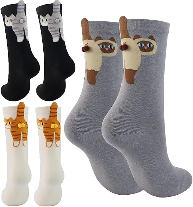 Cute Cat Pom Pom Socks – Women’s 3D Novelty Crew